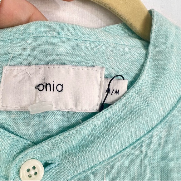 EUC Onia Mens Turquoise Mandarin Collar Linen Button Up Shirt SZ M Casual Preppy - Picture 4 of 11